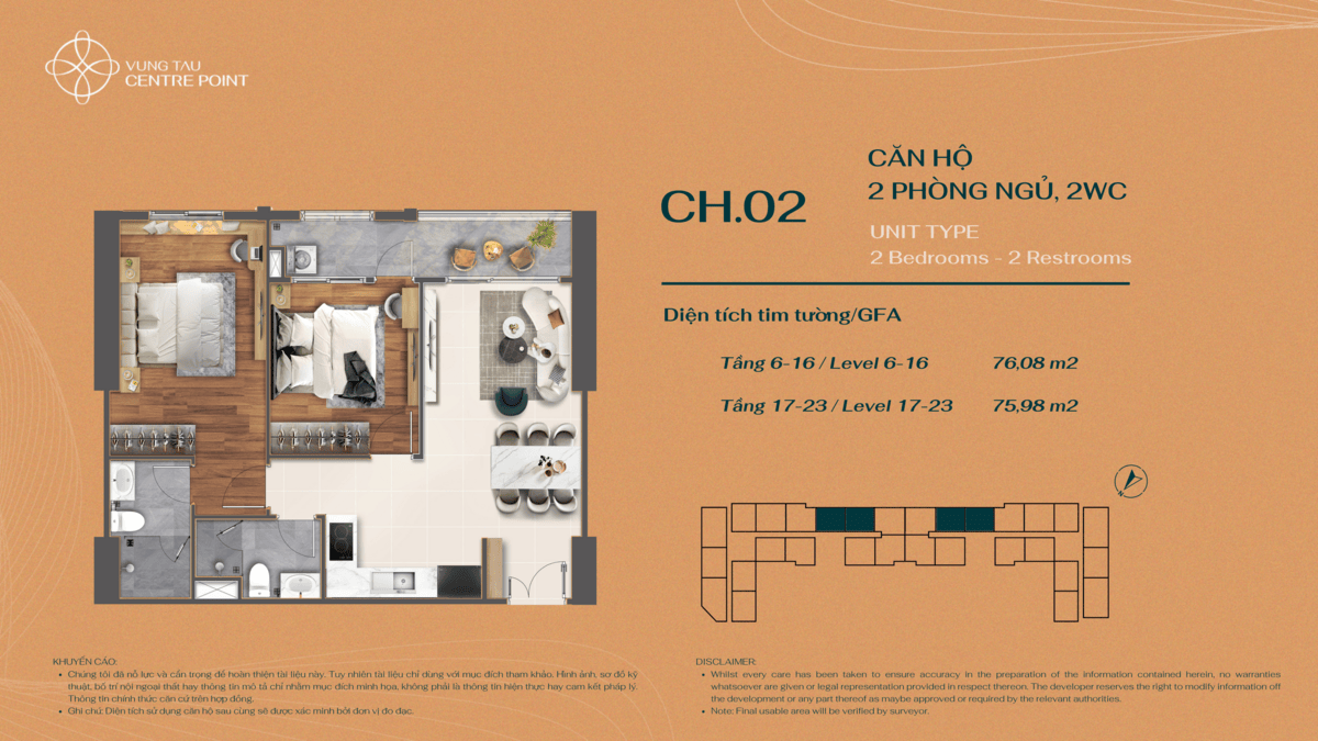 Layout bố trí căn hộ 2PN Mẫu 