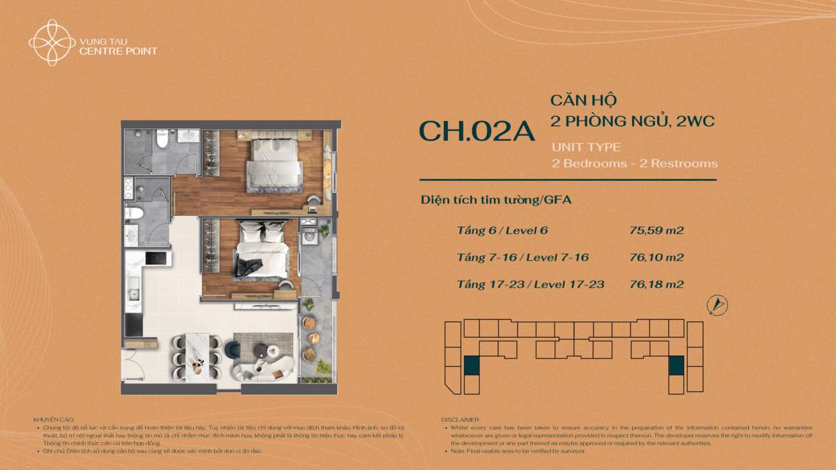 Layout bố trí căn hộ 2PN Mẫu 