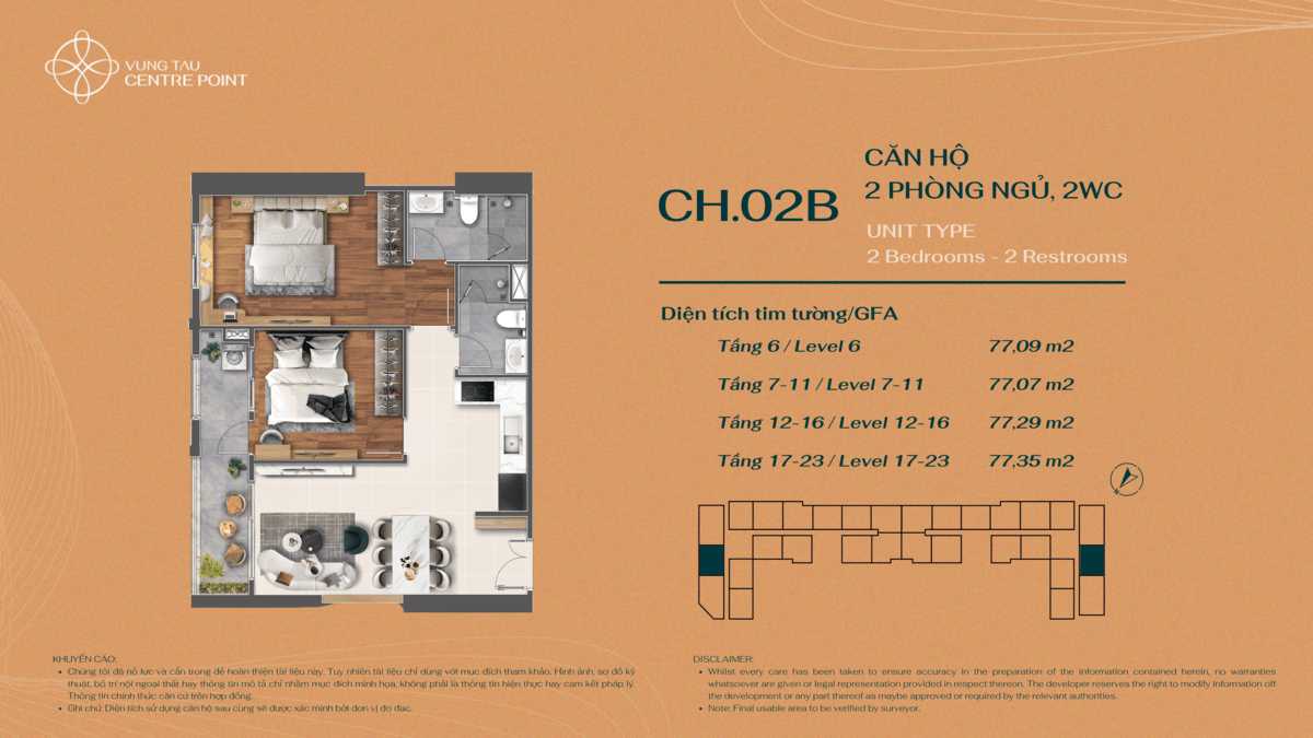 Layout bố trí căn hộ 2PN Mẫu 