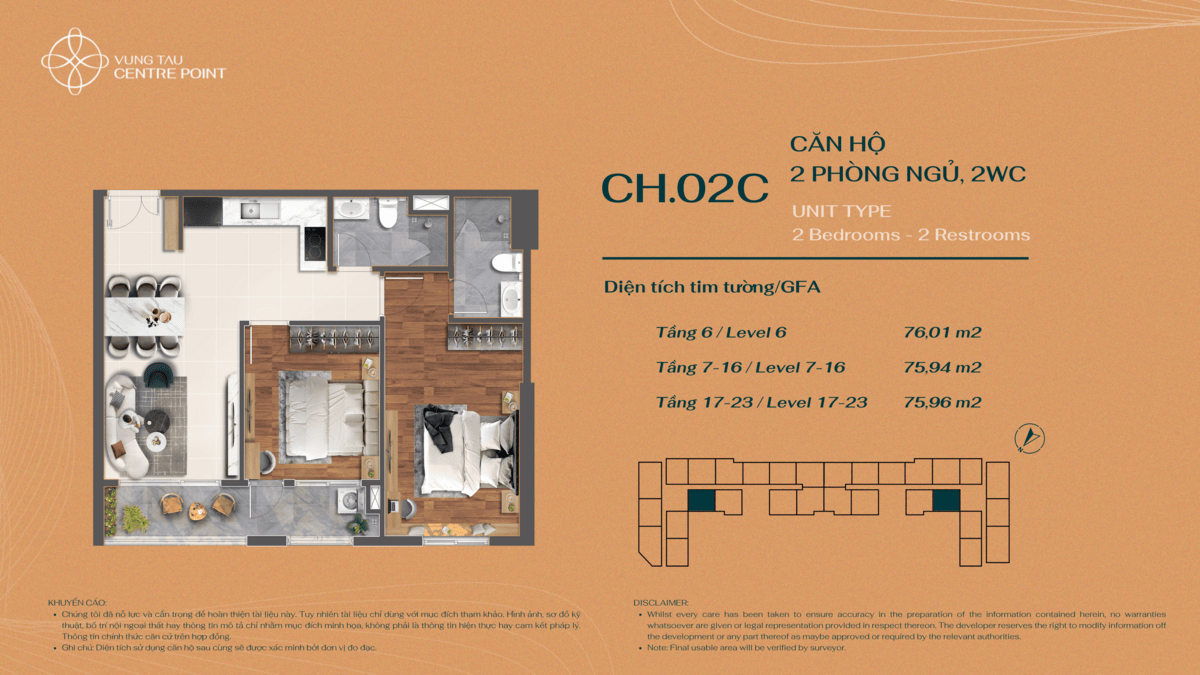 Layout bố trí căn hộ 2PN Mẫu 