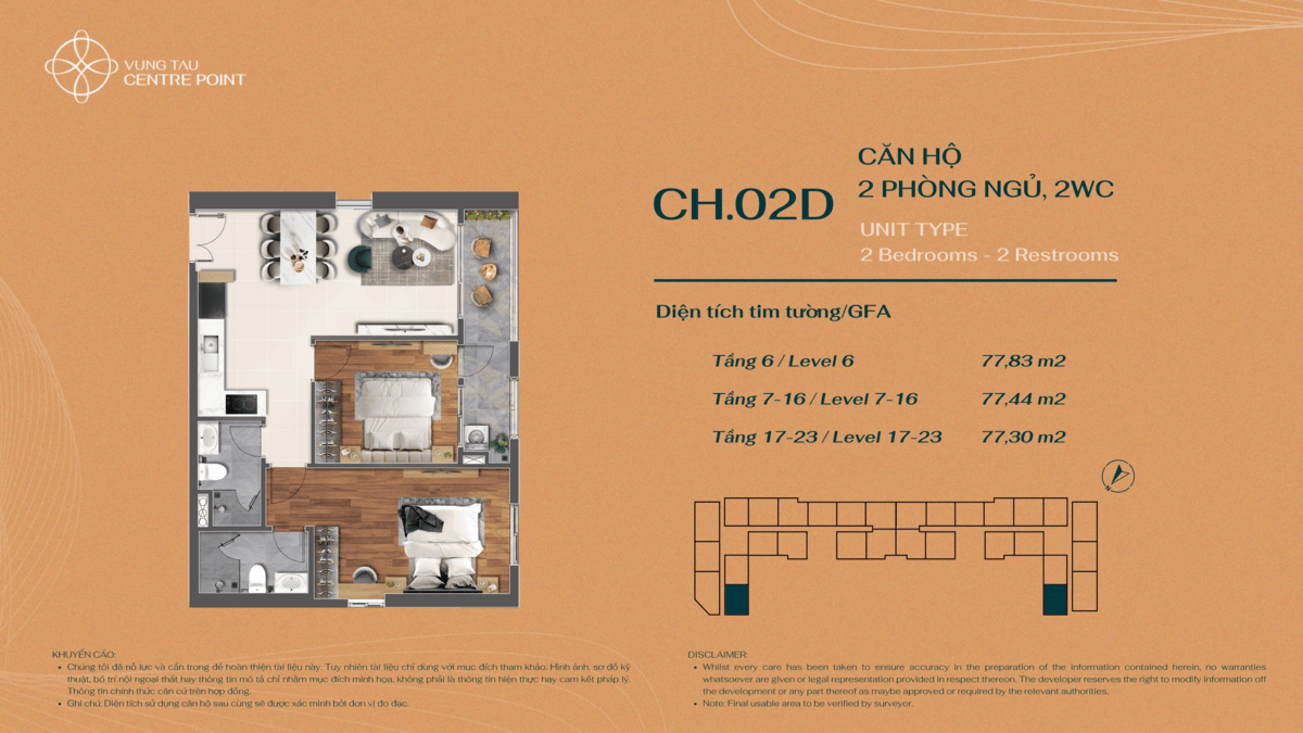 Layout bố trí căn hộ 2PN Mẫu 