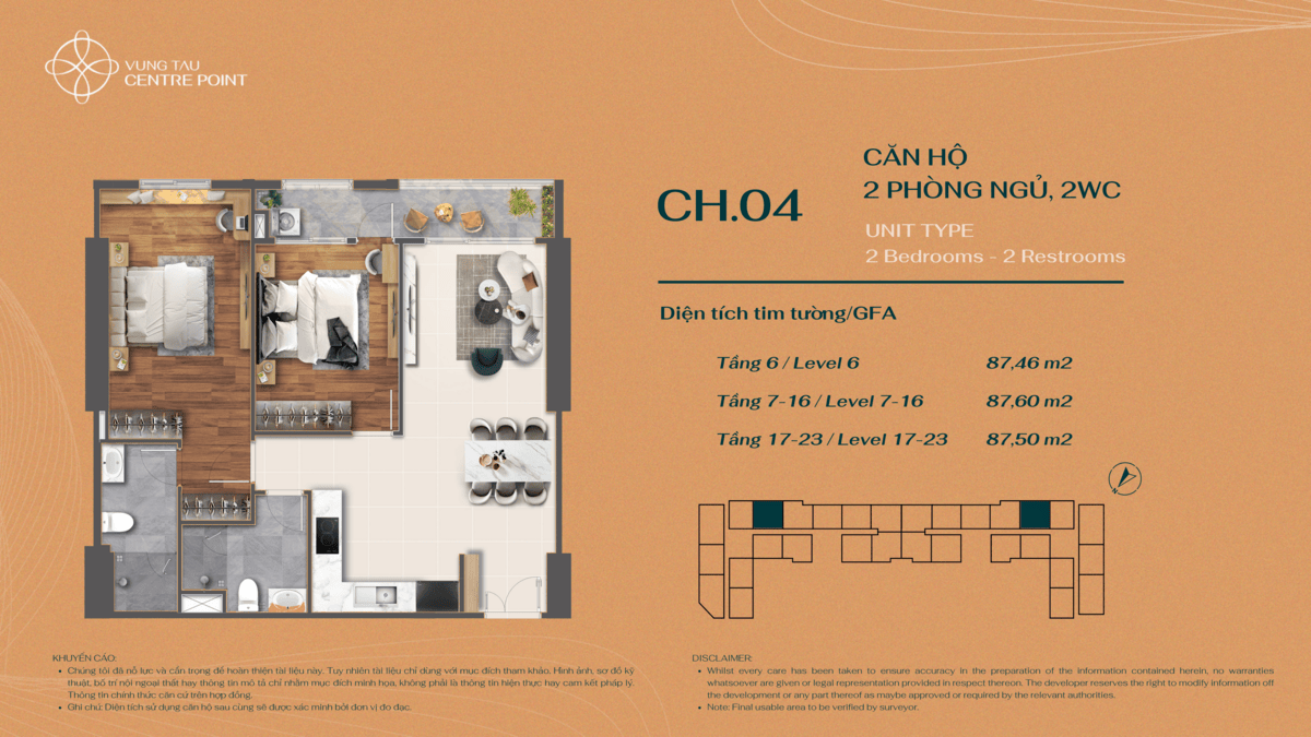 Layout bố trí căn hộ 2PN Mẫu 