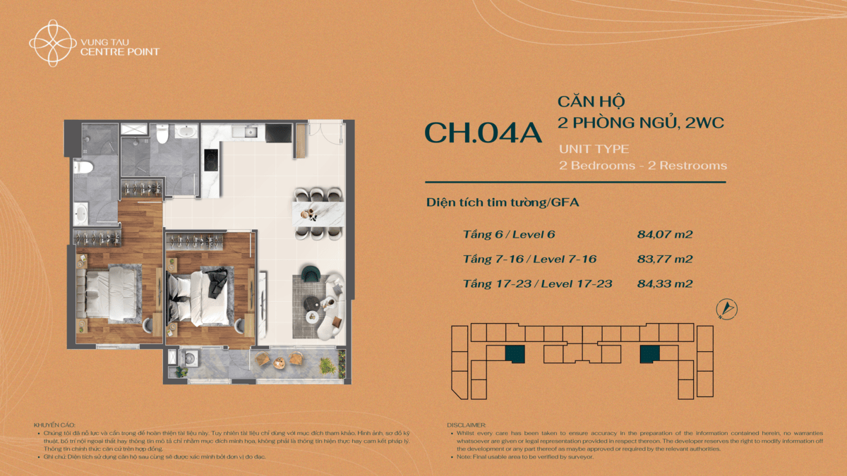 Layout bố trí căn hộ 2PN Mẫu 