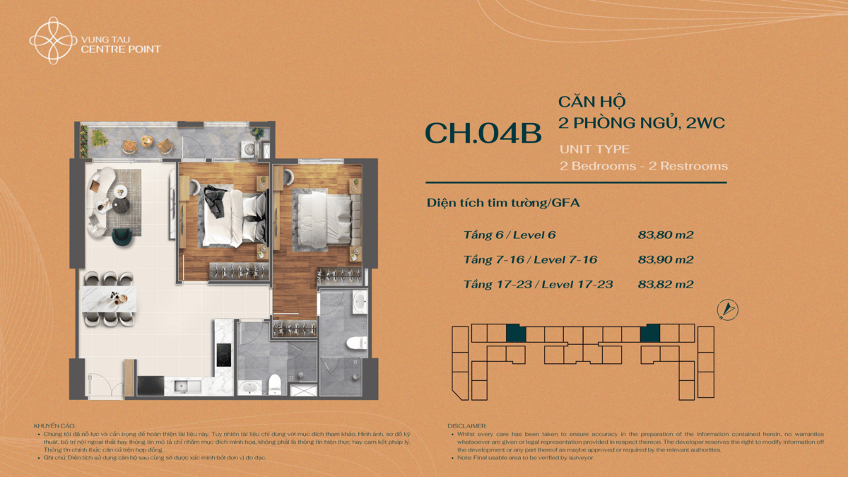 Layout bố trí căn hộ 2PN Mẫu 