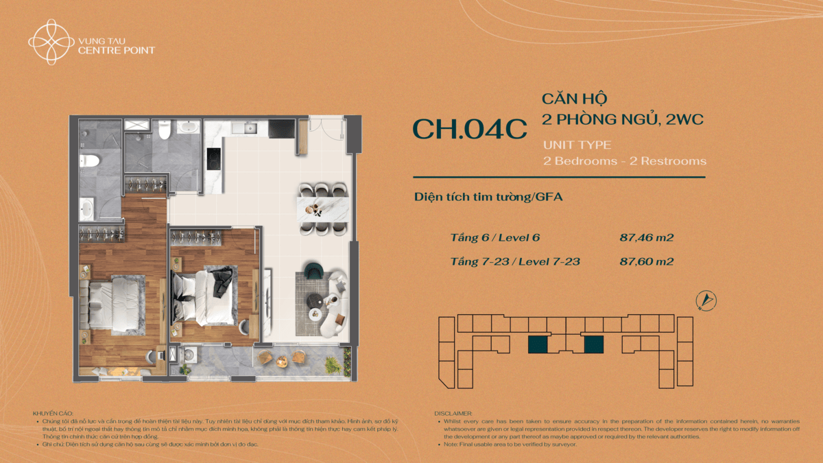 Layout bố trí căn hộ 2PN Mẫu 