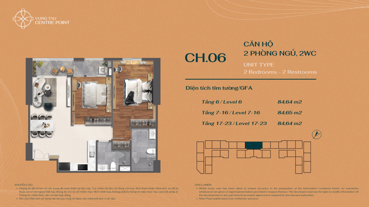 Layout bố trí căn hộ 2PN Mẫu 