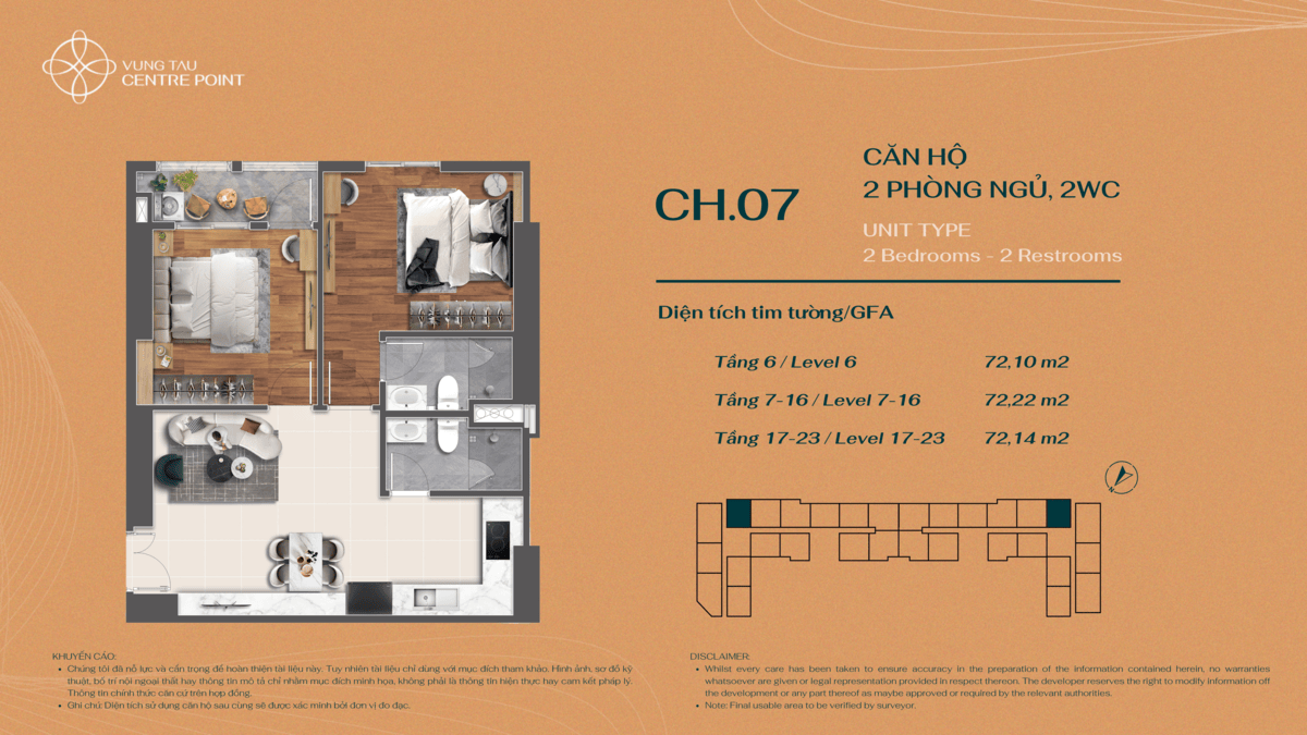 Layout bố trí căn hộ 2PN Mẫu 